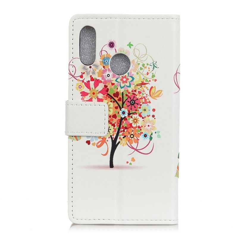 Leren Hoesje Huawei Y6 2019 Donkerblauw Oranje Bloeiende Boom