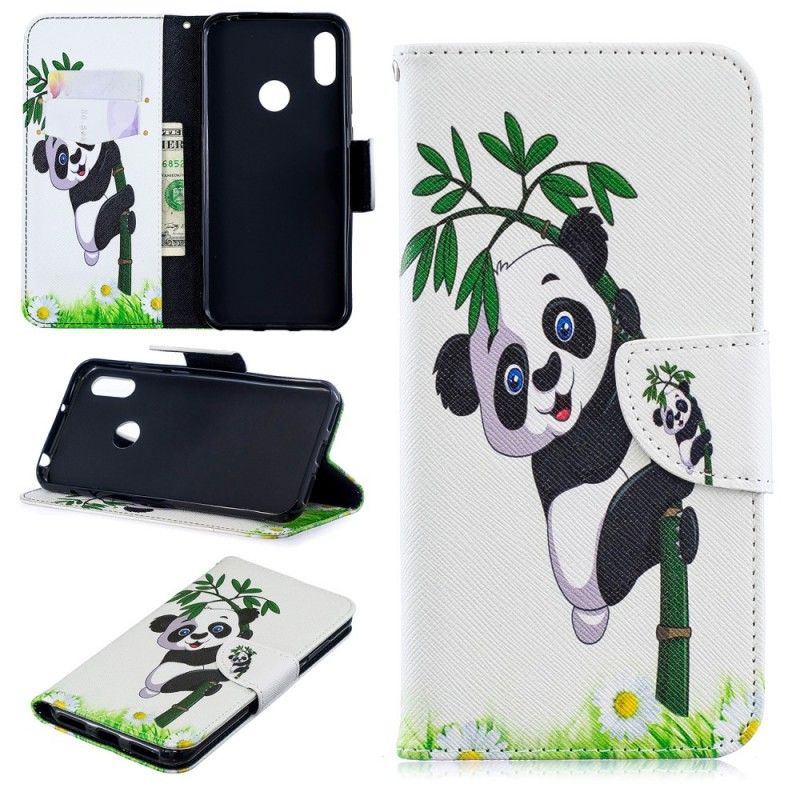 Leren Hoesje Huawei Y6 2019 Telefoonhoesje Panda Op Bamboe