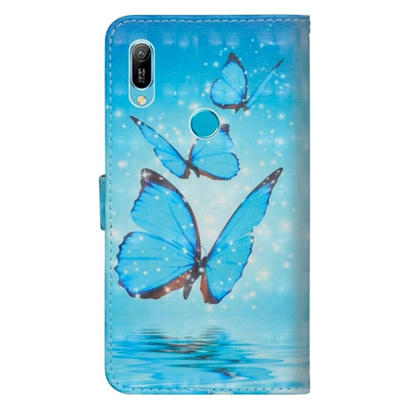 Leren Hoesje Huawei Y6 2019 Telefoonhoesje Vliegende Blauwe Vlinders