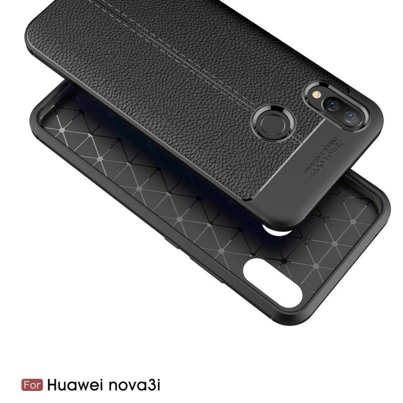 Cover Hoesje Huawei P Smart Plus Grijs Zwart Telefoonhoesje Dubbellijns Lychee Leereffect