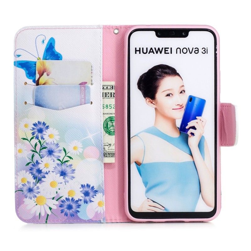 Leren Hoesje Huawei P Smart Plus Lichtblauw Magenta Geschilderde Vlinders En Bloemen