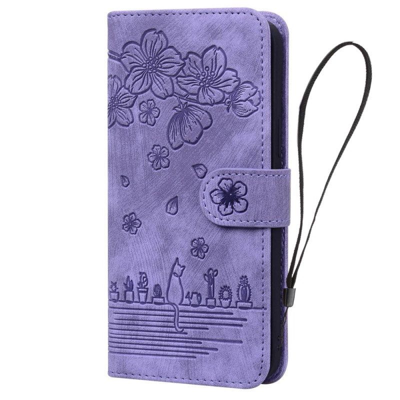 Leren Hoesje voor Samsung Galaxy A14 / A14 5G Met Ketting Bloemen String Kat