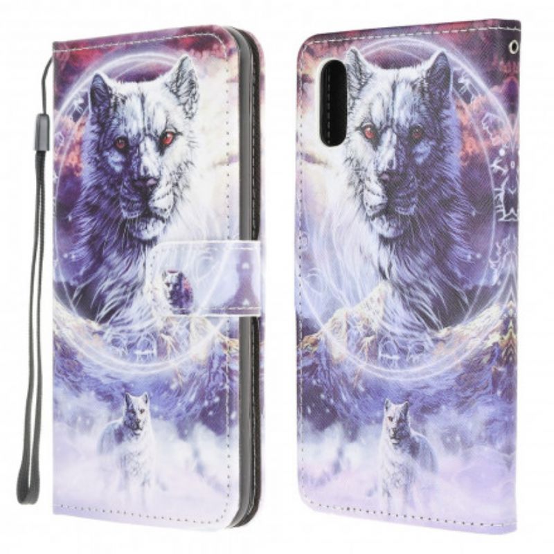 Folio-hoesje Samsung Galaxy Xcover 5 Telefoonhoesje Wolf In De Winter Met Koord