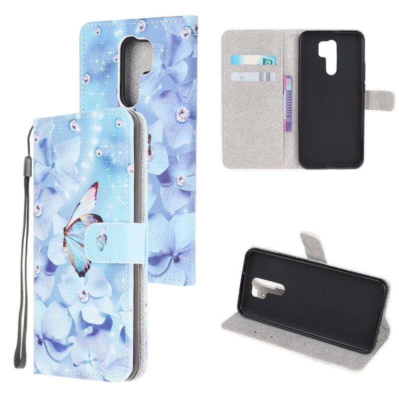 Flip Case Leren Xiaomi Redmi 9 Diamanten Vlinders Met String