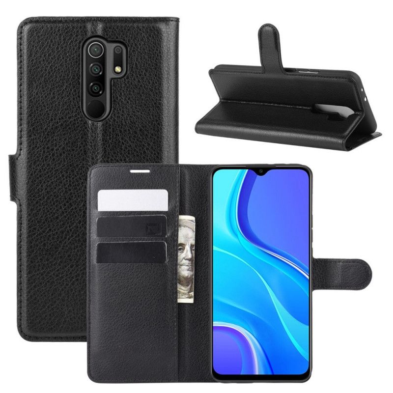 Flip Case Leren Xiaomi Redmi 9 Wit Zwart Klassiek Kunstleer