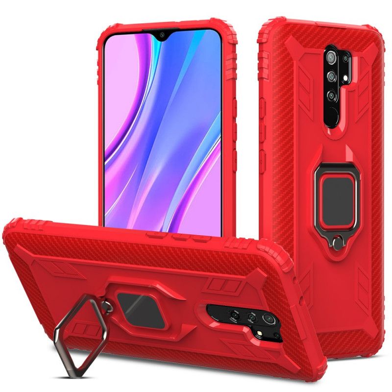 Hoesje Xiaomi Redmi 9 Rood Zwart Ring In Koolstofvezelstijl