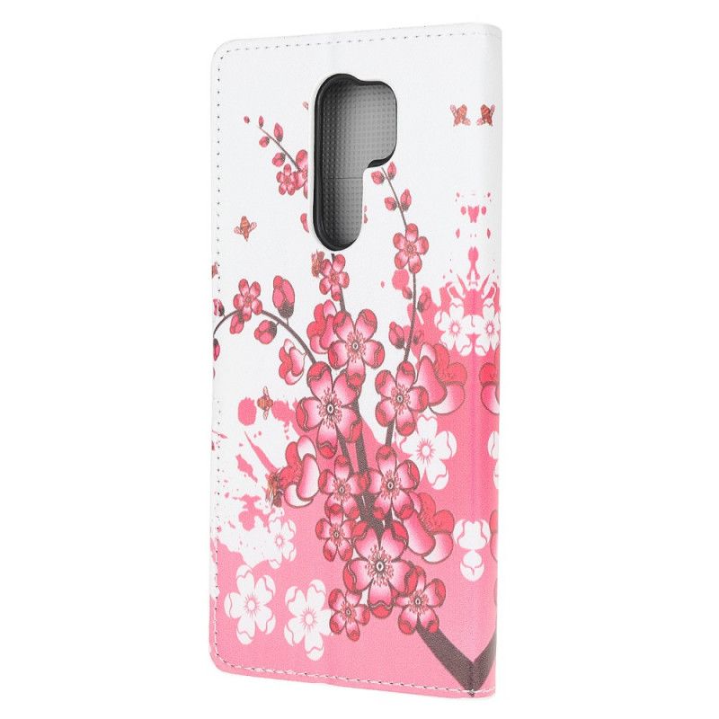 Leren Hoesje Xiaomi Redmi 9 Roze Magenta Tropische Bloemen