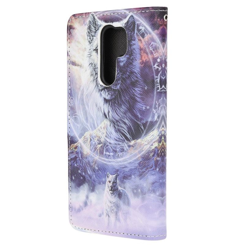 Leren Hoesje Xiaomi Redmi 9 Wolf In De Winter Met String