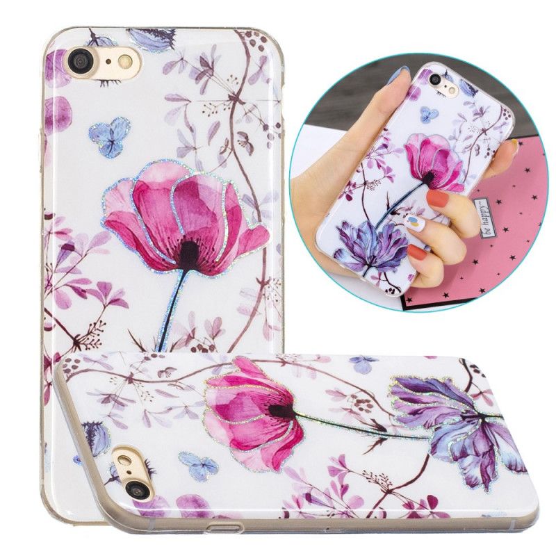 Hoesje voor iPhone 7 / 8 / SE 2 Roze Wit Glitter Design Bloemen