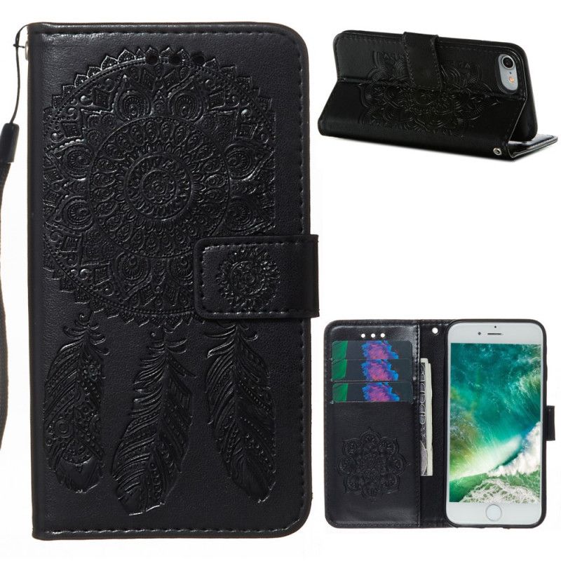 Leren Hoesje iPhone 7 / 8 / SE 2 Grijs Zwart Dromenvangerprint En Riem