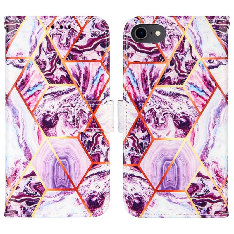 Leren Hoesje voor iPhone 7 / 8 / SE 2 Donkerblauw Roze Marmer Met Riem