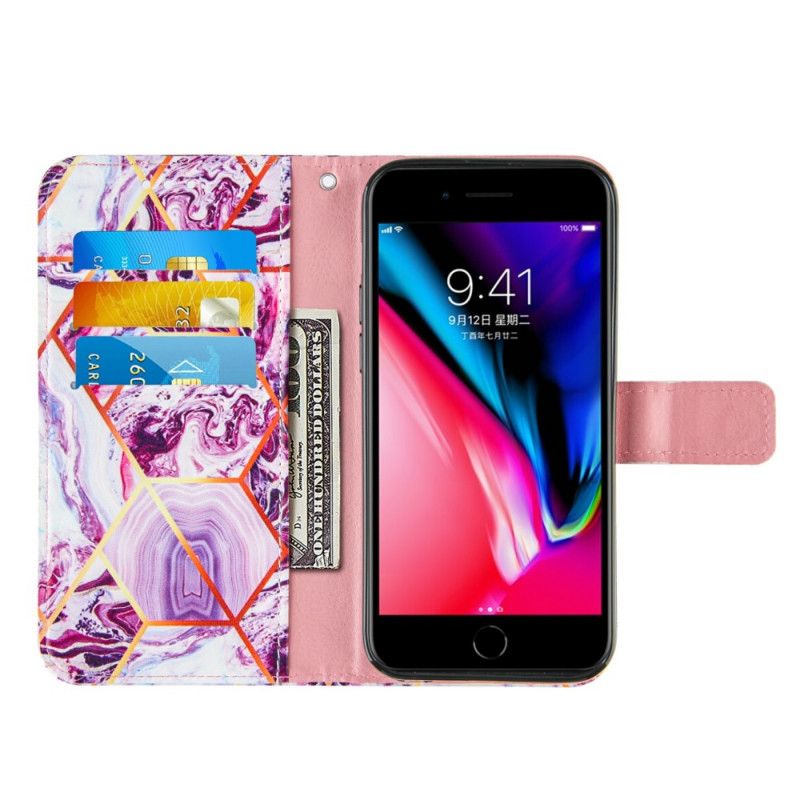 Leren Hoesje voor iPhone 7 / 8 / SE 2 Donkerblauw Roze Marmer Met Riem