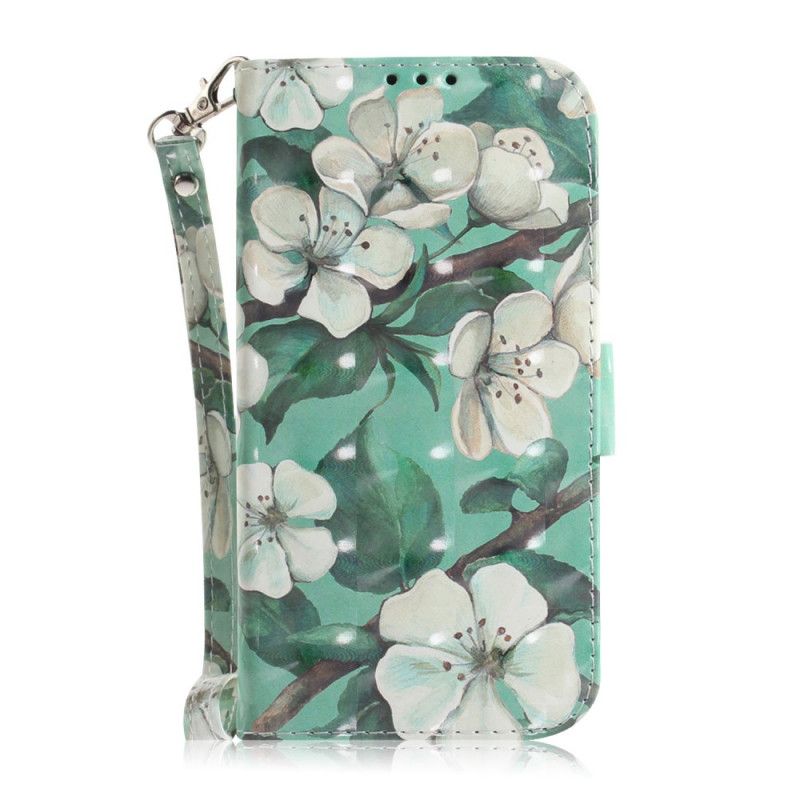 Bescherming Hoesje iPhone 12 Mini Groen Grijs Bloeiende Tak Met String