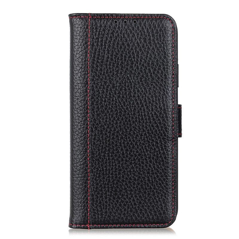 Bescherming Hoesje iPhone 12 Mini Rood Zwart Stiksels In Lychee-Leereffect