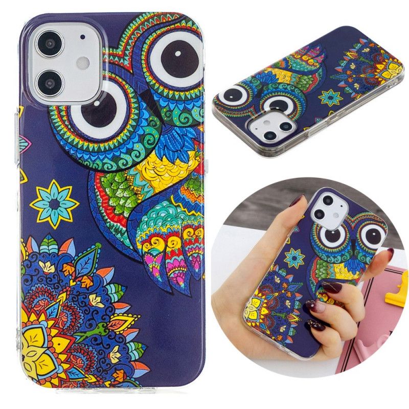 Case Hoesje iPhone 12 Mini Telefoonhoesje Fluorescerende Mandala-Uil