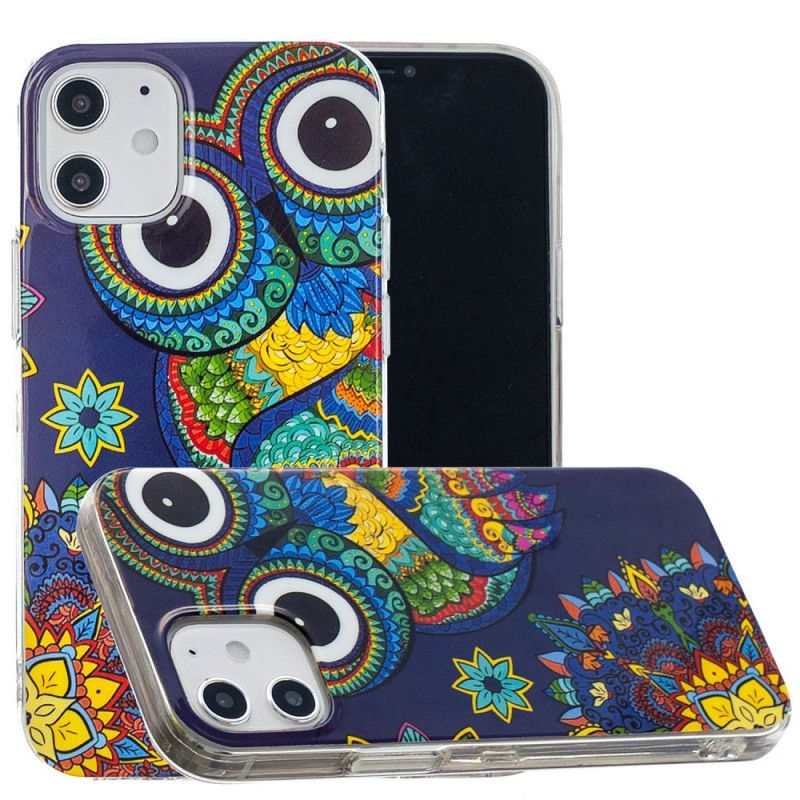 Case Hoesje iPhone 12 Mini Telefoonhoesje Fluorescerende Mandala-Uil