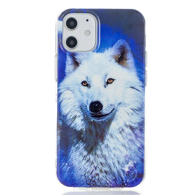 Hoesje iPhone 12 Mini Donkerblauw Zwart Serie Fluorescerende Wolven