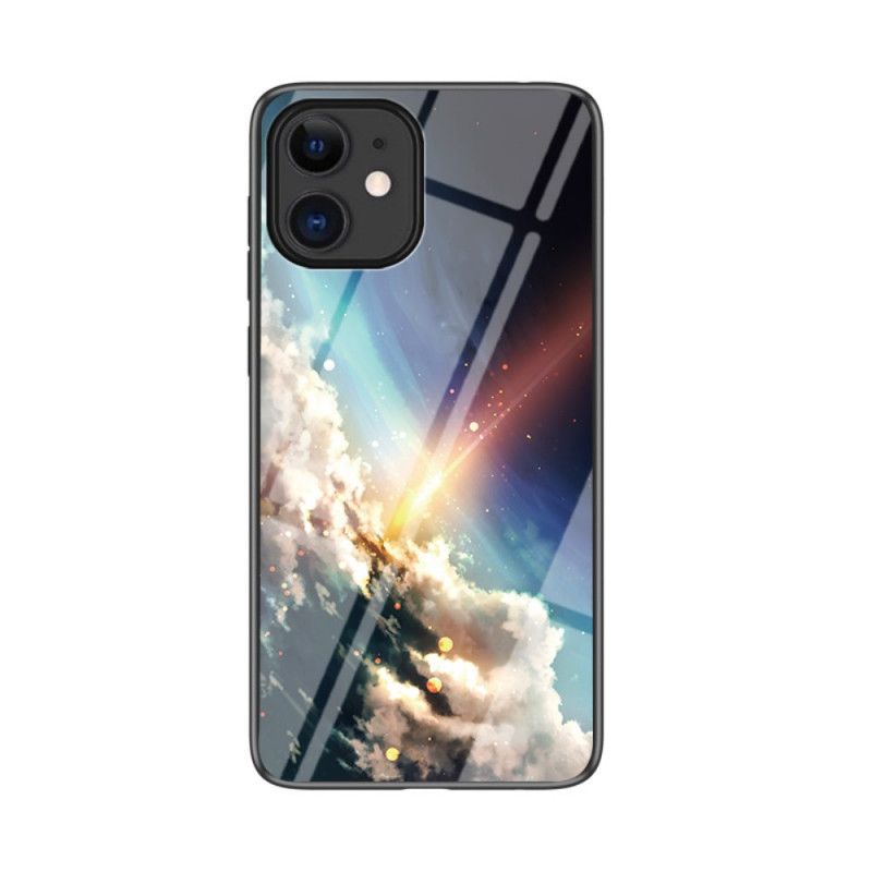 Hoesje voor iPhone 12 Mini Grijs Zwart Sterrenhemel Gehard Glas