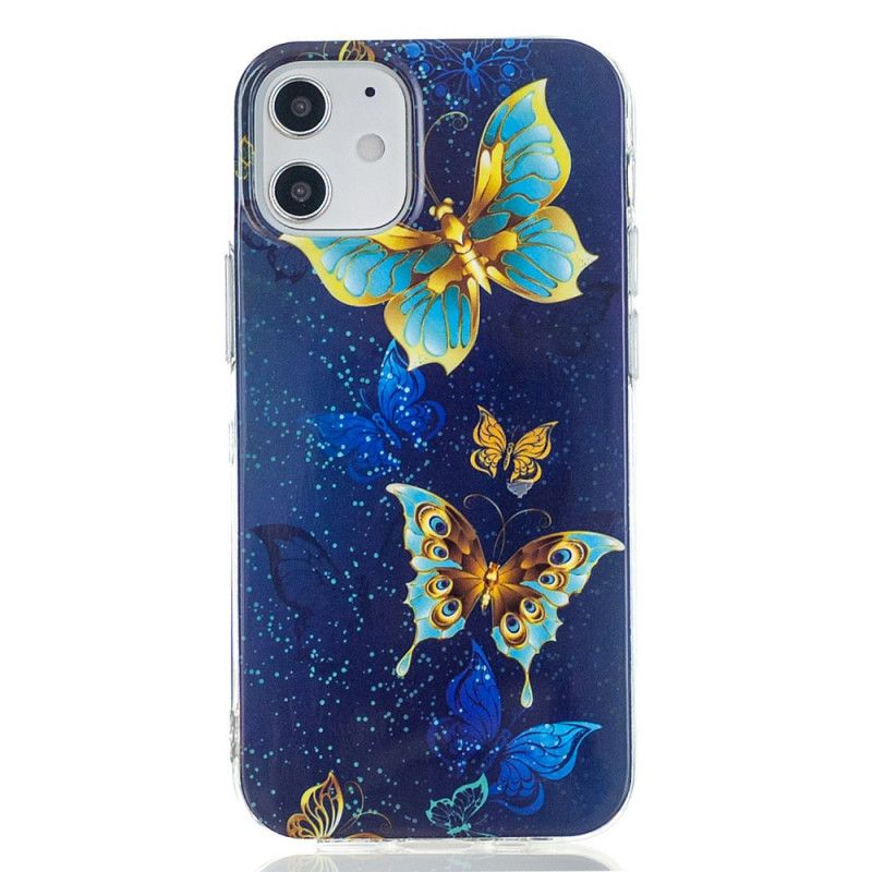 Hoesje voor iPhone 12 Mini Lichtblauw Donkerblauw Serie Fluorescerende Vlinders