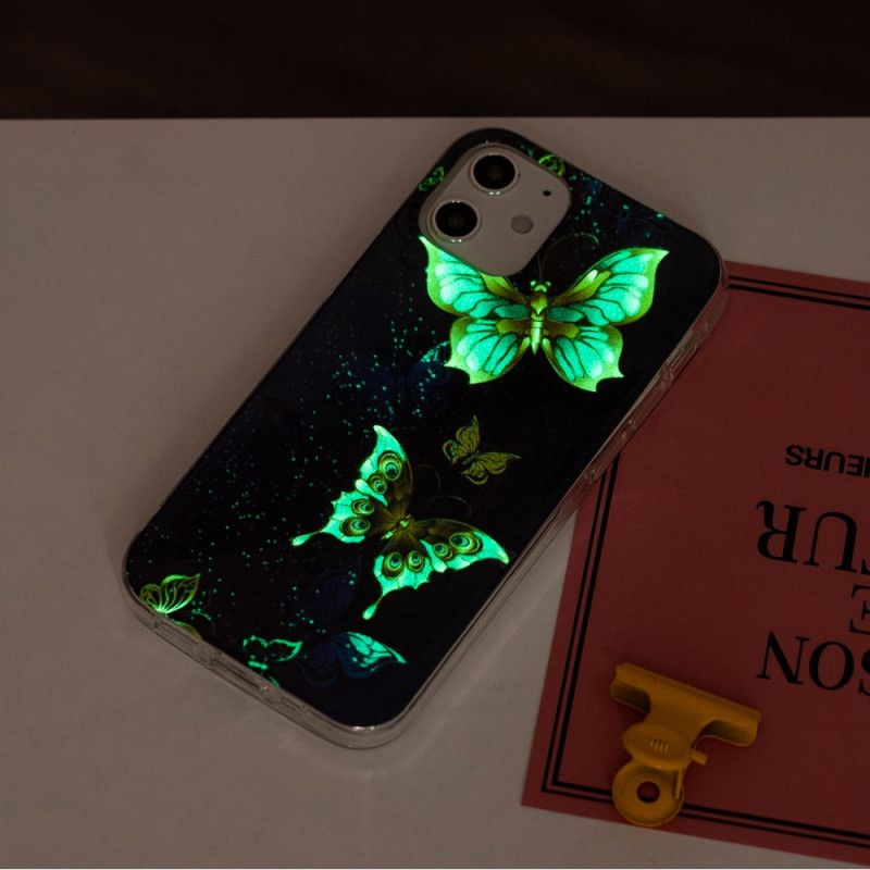 Hoesje voor iPhone 12 Mini Lichtblauw Donkerblauw Serie Fluorescerende Vlinders