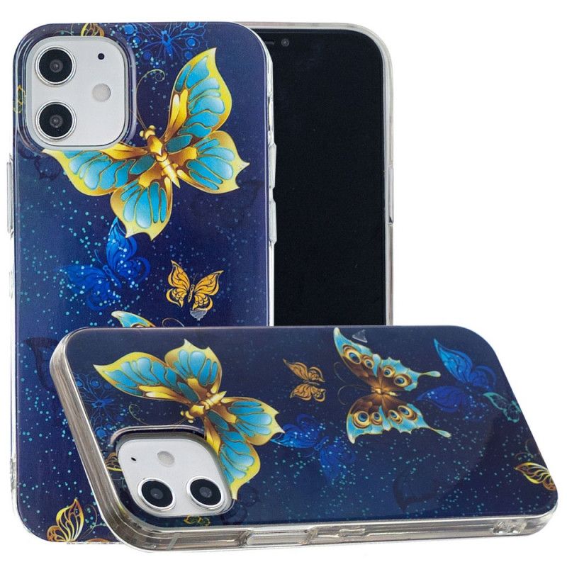 Hoesje voor iPhone 12 Mini Lichtblauw Donkerblauw Serie Fluorescerende Vlinders