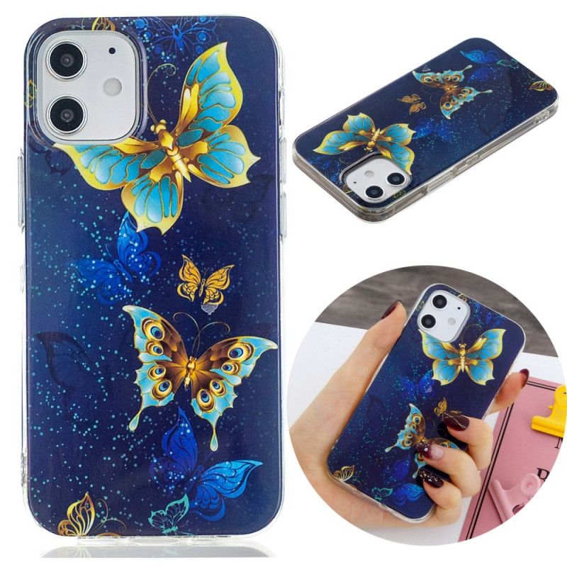 Hoesje voor iPhone 12 Mini Lichtblauw Donkerblauw Serie Fluorescerende Vlinders