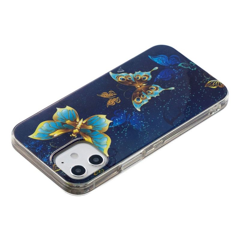 Hoesje voor iPhone 12 Mini Lichtblauw Donkerblauw Serie Fluorescerende Vlinders