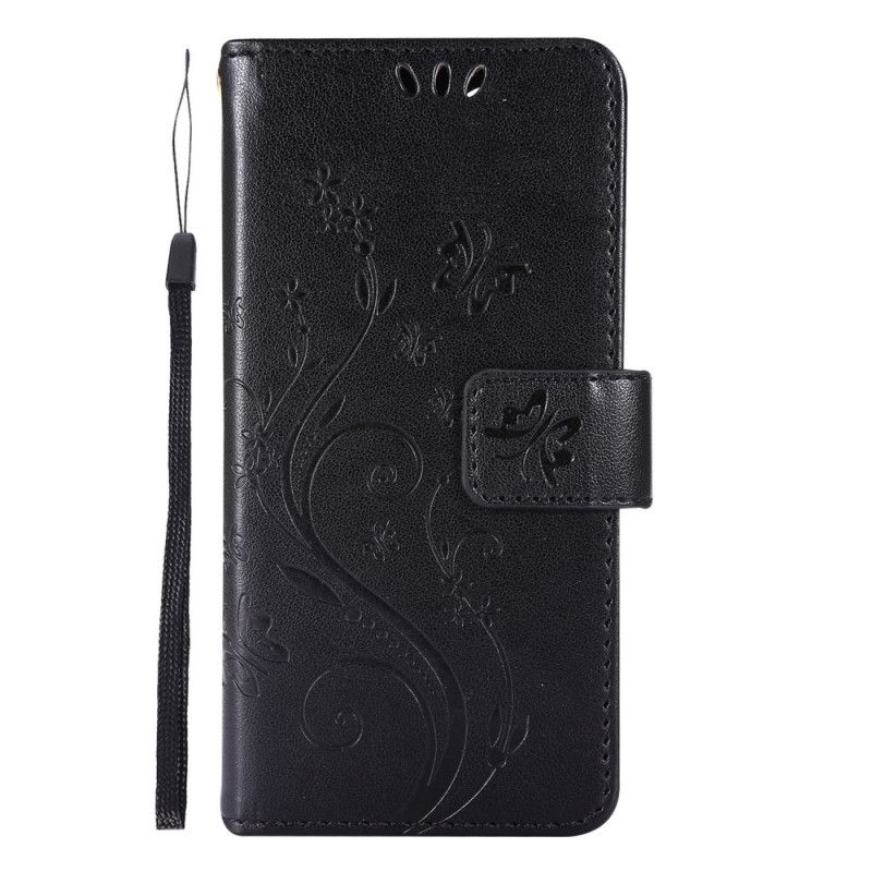 Leren Hoesje iPhone 12 Mini Grijs Zwart Vlinders En Stringbloemen