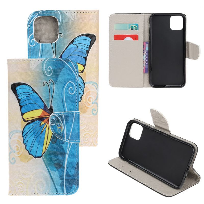 Leren Hoesje iPhone 12 Mini Paars Lichtblauw Kleurrijke Vlinder