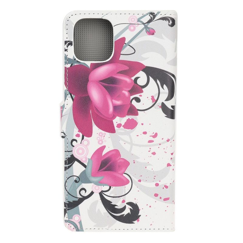 Leren Hoesje iPhone 12 Mini Roze Magenta Telefoonhoesje Tropische Bloemen