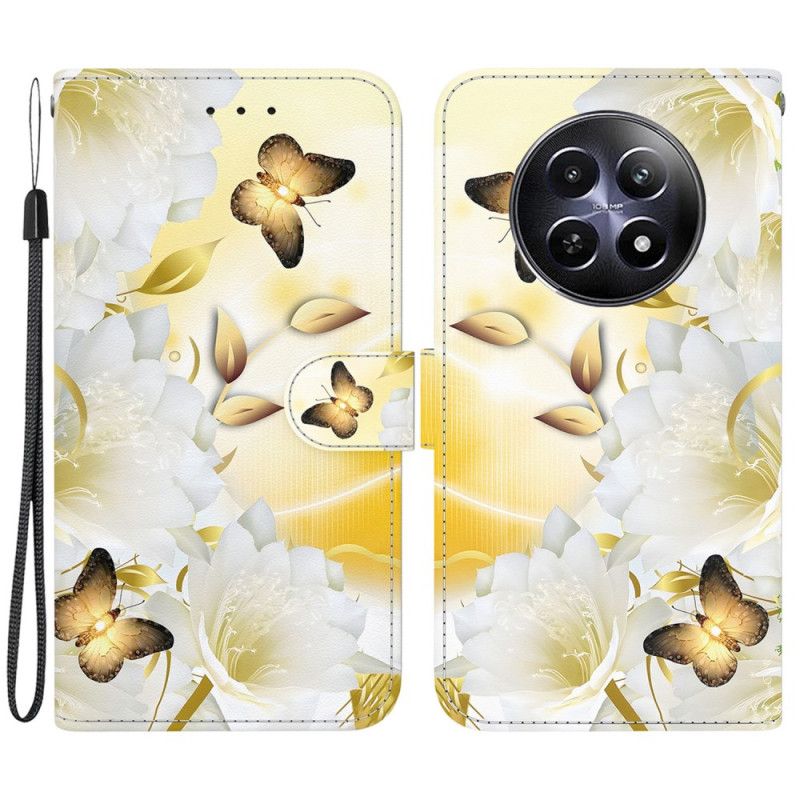 Leren Hoesje Voor Realme 12 / 12x 5g Gouden Vlinders En Bloemen Met Bandje