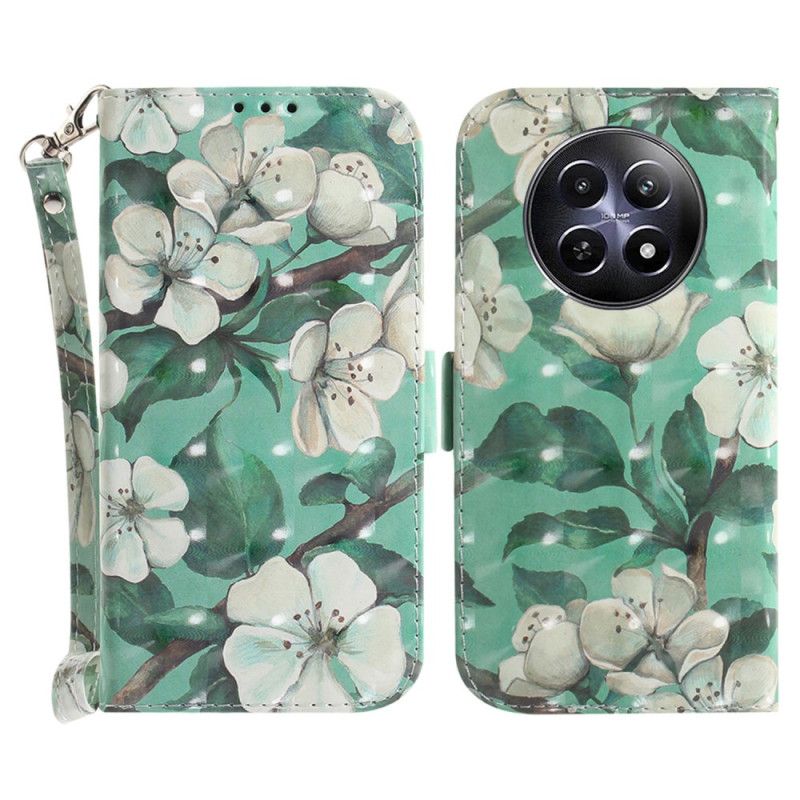 Leren Hoesje Voor Realme 12 / 12x 5g Waterverfbloemen Met Riempje