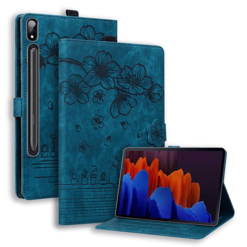 Leren Hoesje Samsung Galaxy Tab S9 Fe Plus Patroon Met Bloemen En Katten Bescherming Hoesje