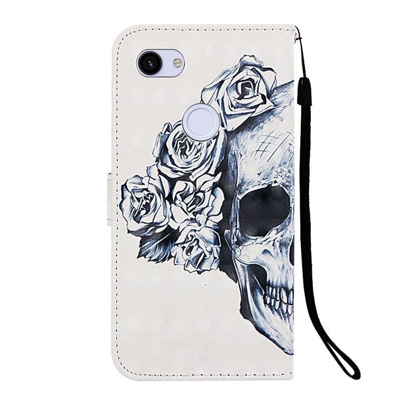 Leren Hoesje voor Google Pixel 3A XL Donkerblauw Wit Gebloemde Schedel