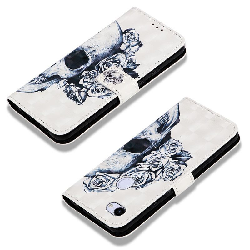 Leren Hoesje voor Google Pixel 3A XL Donkerblauw Wit Gebloemde Schedel