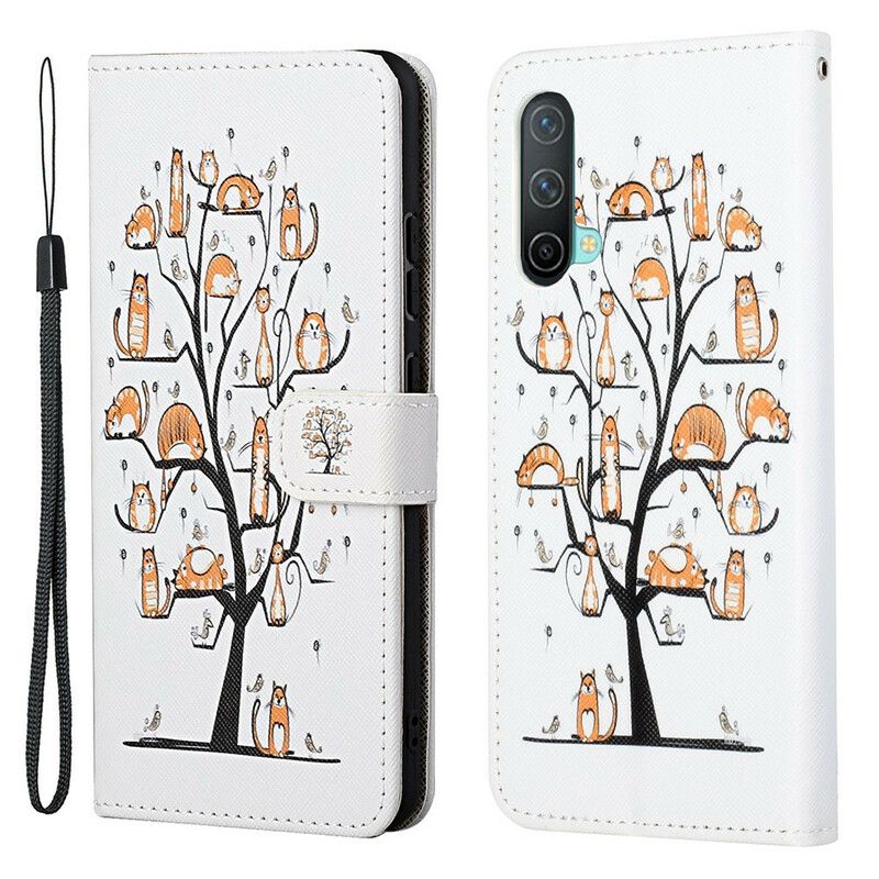 Leren Hoesje Oneplus Nord Ce 5g Funky Cats Strappy Bescherming Hoesje