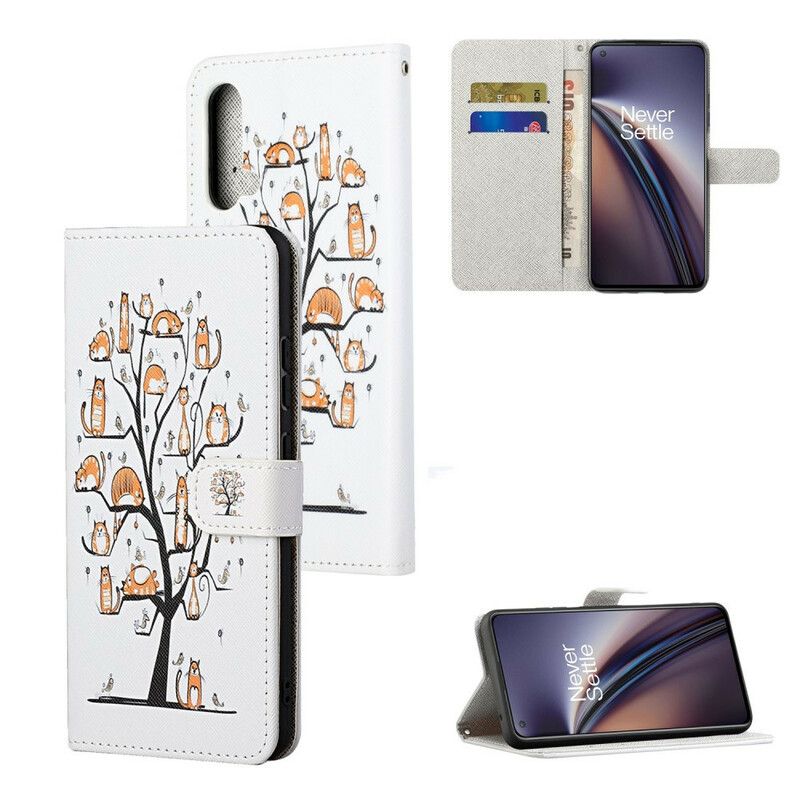 Leren Hoesje Oneplus Nord Ce 5g Funky Cats Strappy Bescherming Hoesje