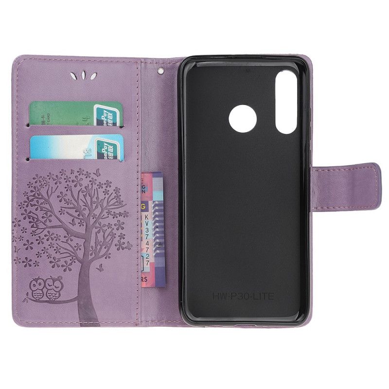 Cover Folio-hoesje Huawei P Smart Plus 2019 Grijs Zwart Telefoonhoesje Boom En String Uilen