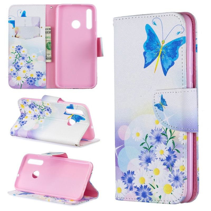 Cover Folio-hoesje Huawei P Smart Plus 2019 Lichtblauw Roze Telefoonhoesje Geschilderde Vlinders En Bloemen