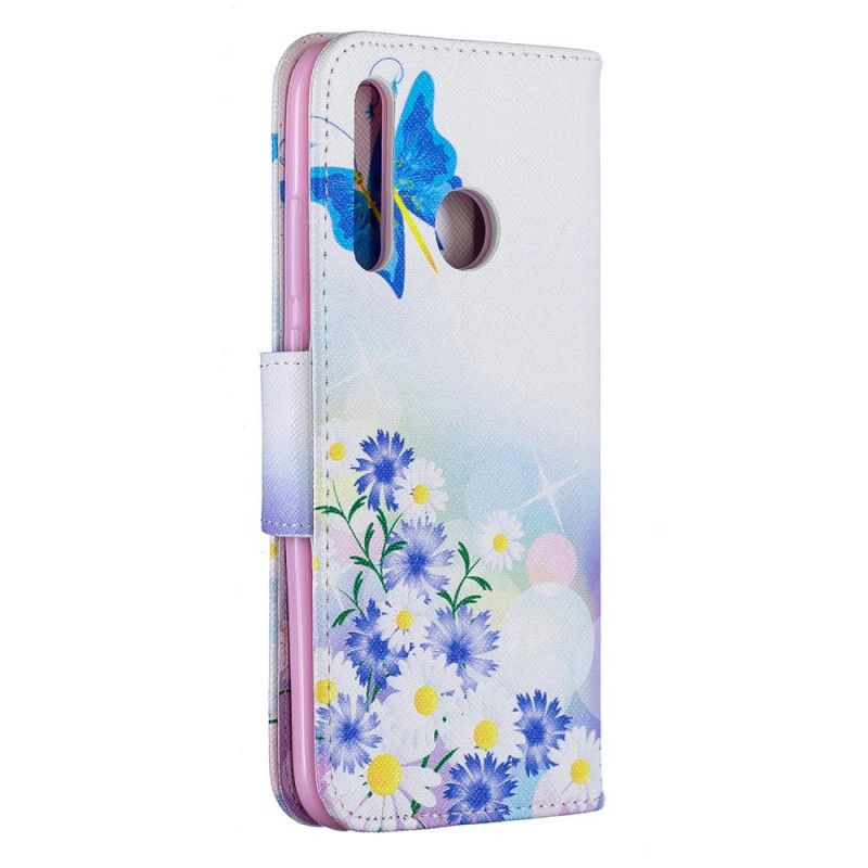 Cover Folio-hoesje Huawei P Smart Plus 2019 Lichtblauw Roze Telefoonhoesje Geschilderde Vlinders En Bloemen