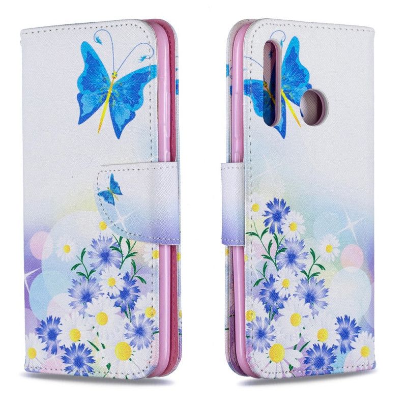 Cover Folio-hoesje Huawei P Smart Plus 2019 Lichtblauw Roze Telefoonhoesje Geschilderde Vlinders En Bloemen