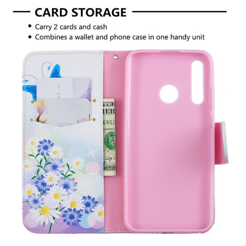 Cover Folio-hoesje Huawei P Smart Plus 2019 Lichtblauw Roze Telefoonhoesje Geschilderde Vlinders En Bloemen