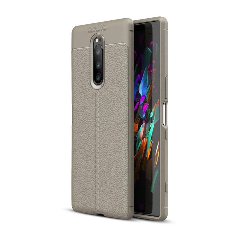 Hoesje Sony Xperia 1 Grijs Zwart Dubbellijns Lychee Leereffect