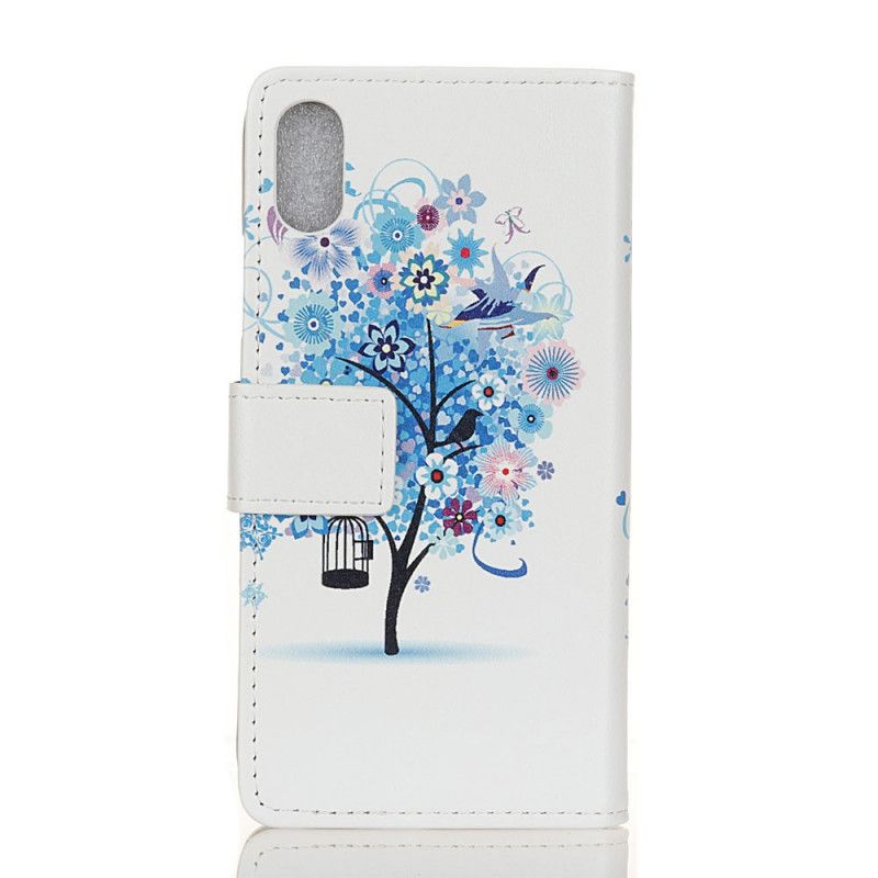 Leren Hoesje Alcatel 1B (2020) Lichtblauw Donkerblauw Telefoonhoesje Bloeiende Boom