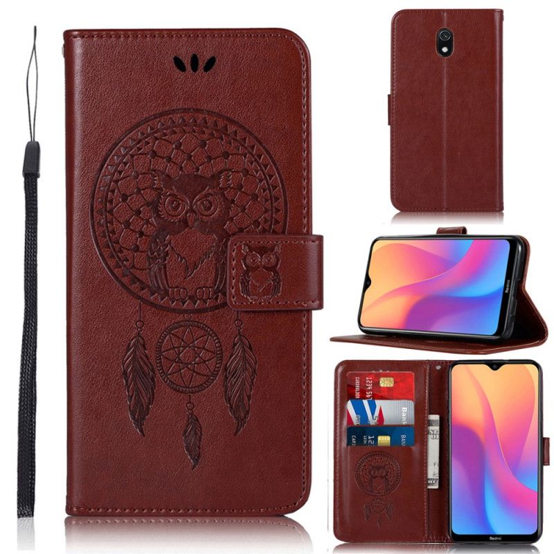 Flip Case Leren Xiaomi Redmi 8A Grijs Zwart Uil Dromenvanger Met Leereffect