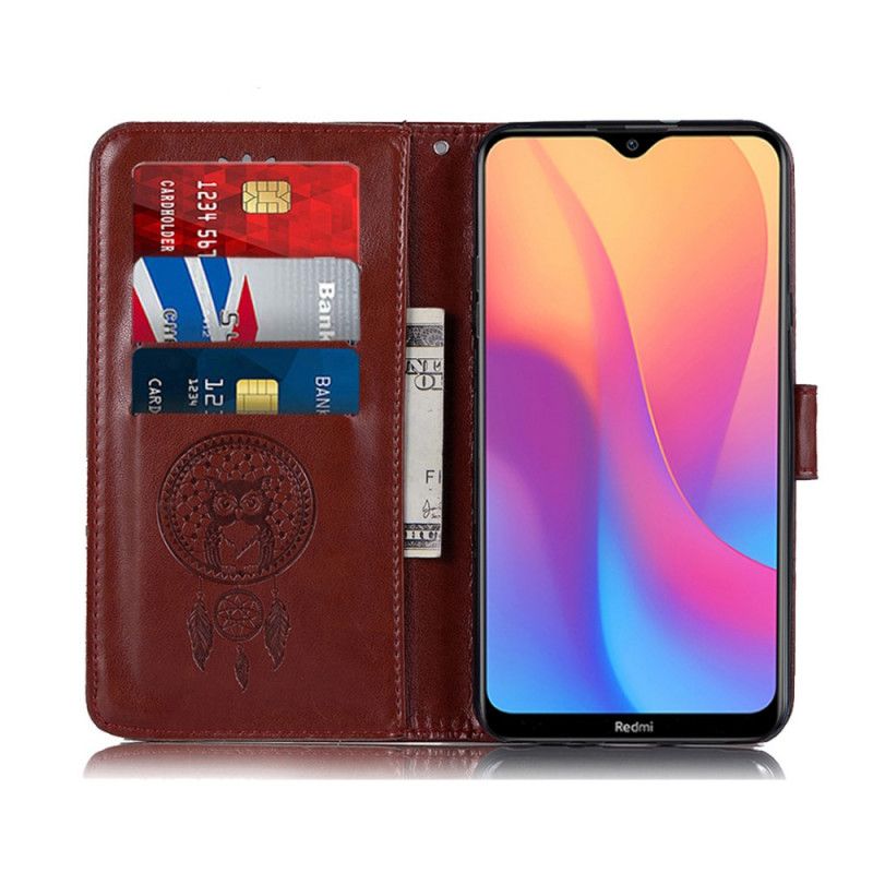 Flip Case Leren Xiaomi Redmi 8A Grijs Zwart Uil Dromenvanger Met Leereffect