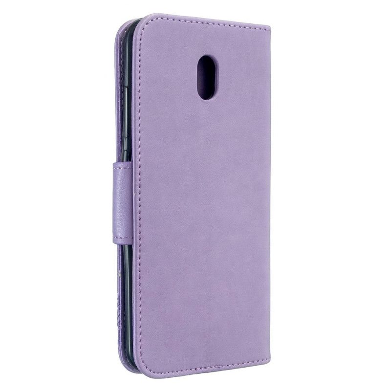 Flip Case Leren Xiaomi Redmi 8A Magenta Grijs Bedrukte Vlinders Met String