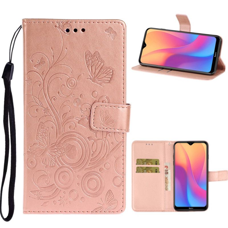 Leren Hoesje Xiaomi Redmi 8A Lichtpaars Kleurrijke Vlinders En Bloemen