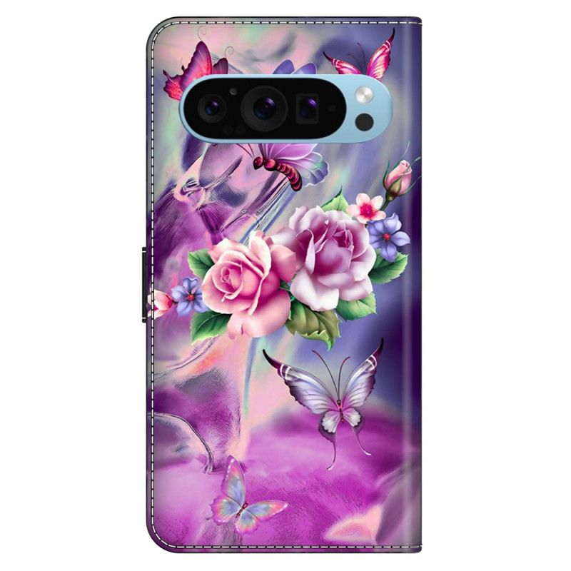 Folio-hoesje Google Pixel 9 Pro Xl Paarse Vlinders En Bloemen