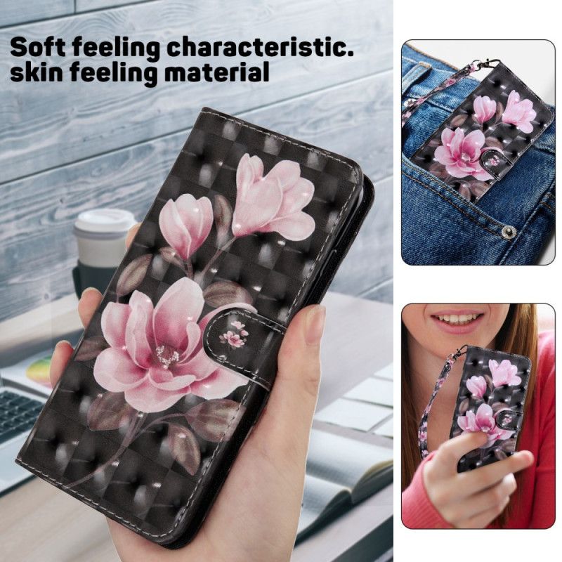 Leren Hoesje Google Pixel 9 Pro Xl Roze Bloemen Op Zwarte Achtergrond Met Riempje